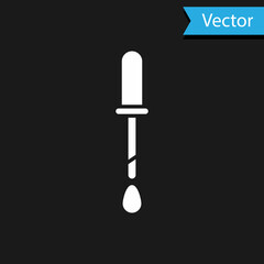 White Pipette icon isolated on black background. Element of medical, chemistry lab equipment. Pipette with drop. Medicine symbol. Vector Illustration