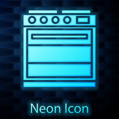 Glowing neon Oven icon isolated on brick wall background. Stove gas oven sign. Vector Illustration