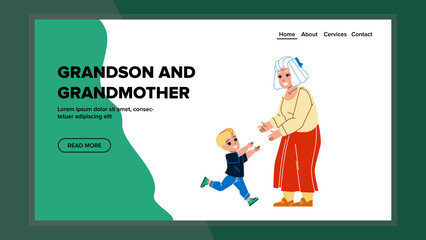 Grandson And Grandmother Vacation Meeting Vector. Happiness Grandson Running To Granny For Embracing And Kissing. Happy Characters Grand Parent And Kid Web Flat Cartoon Illustration