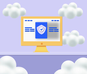 Cyber security and data shield protection with check icon. 3d render
