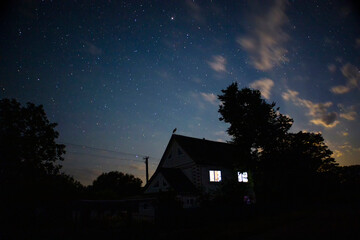 A stork on a house against the background of a starry sky