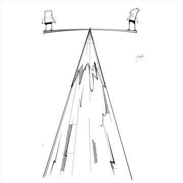 Two men stand on a seesaw on a mountain peak