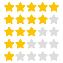 Five stars rating. Customer review or feedback. Gold five stars. Stars set rating for apps or websites.