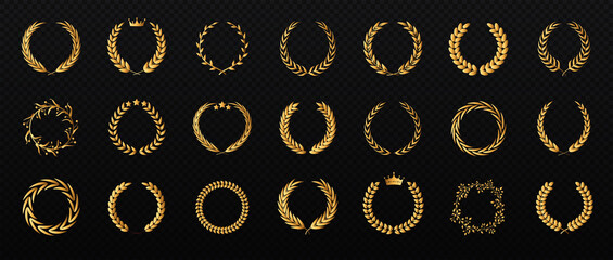 Set of golden laurel wreaths. Elegant organic plant leaf awards in various shapes. Beautiful design elements for logos, covers and cards. Gradient 3D vector collection isolated on black background