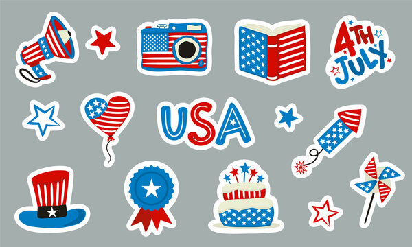 Set of stickers for USA Independence Day. Symbols of United States of America in national colors. Collection of items for July 4th. Vector illustration for poster, tourism, travel, festive or holiday.
