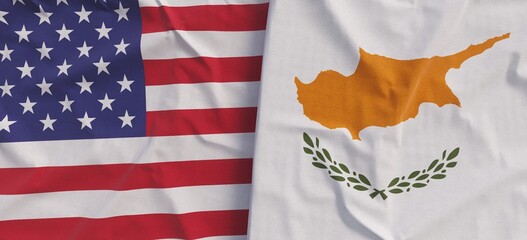 Flags of USA and Cyprus. Linen flag close-up. Flag made of canvas. United States of America. Cyprian. State national symbols. 3d illustration. © Bohdana