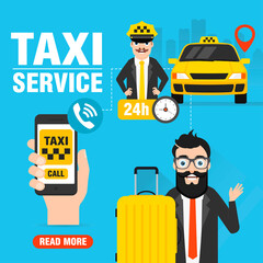 Taxi service concept design flat.Yellow taxi car with taxi driver. Hand holding phone with taxi application and man with luggage
