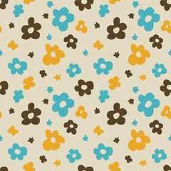 Fototapeta na wymiar Daisy flower groovy 1970 good vibes seamless vector pattern background. Warm retro abstract wallpaper, trendy 70s decor