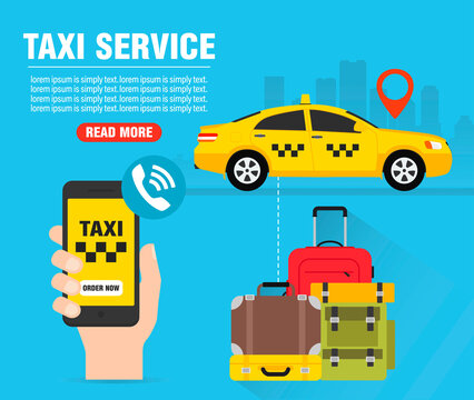 Online taxi service concept design flat. Yellow taxi car. Order now taxi