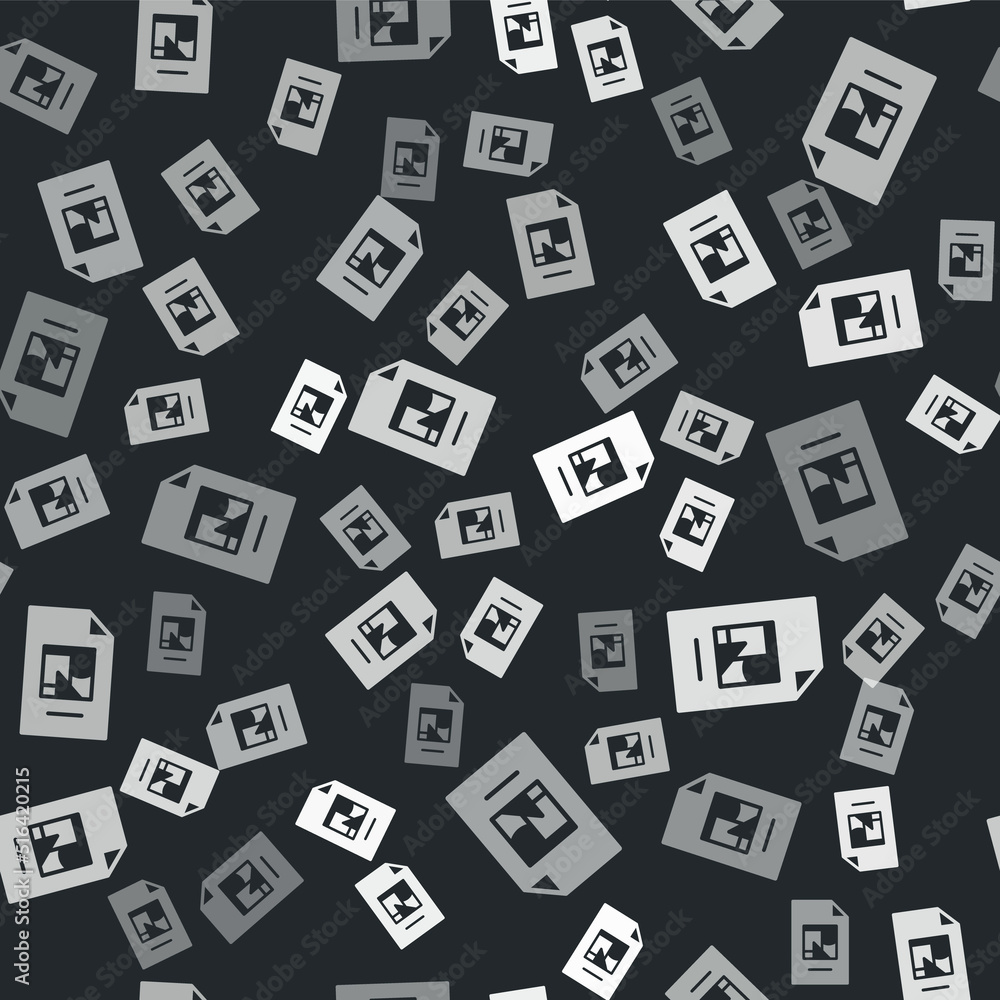 Poster grey file document with illustration icon isolated seamless pattern on black background. checklist i