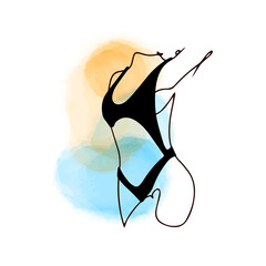 Fragment of the body of a girl in a black swimsuit, one line contour drawing, linear in the style of doodles on a watercolor background, aesthetics