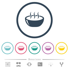Glossy steaming bowl flat color icons in round outlines