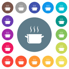 Steaming glossy pot flat white icons on round color backgrounds