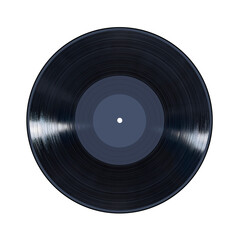 Black Vinyl Record with light reflections, isolated on white background with blank empty grey label copy space.