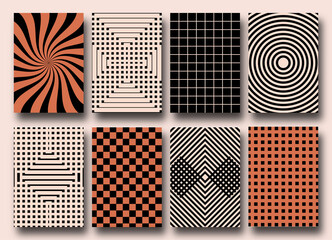 Vector set of Groovy hippie 70s backgrounds. Checkerboard, chessboard, futuristic geometric forms vector texture in trendy retro psychedelic style. Y2k aesthetic.