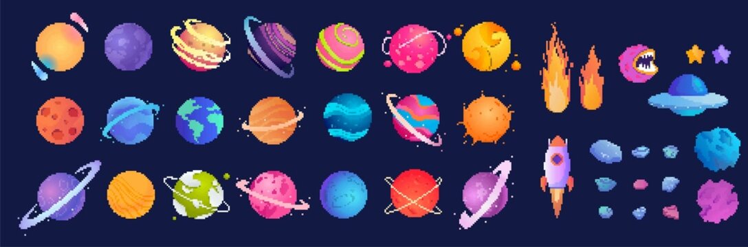 Set of pixel astronomical elements. Stickers or icons with solar system planets, comets, asteroids and star. Badges for video games and apps. Cartoon flat vector collection isolated on dark background