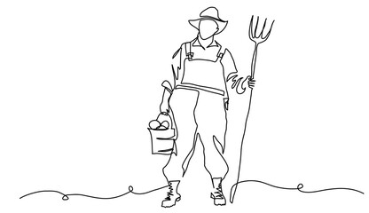Farmer man with pitchfork and bucket. Vector background, banner, poster. One continuous line art drawing illustration of farmer with pitchfork