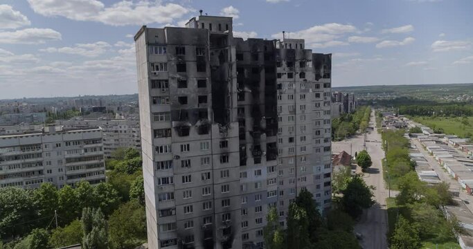 KHARKIV, UKRAINE - MAY 22, 2022: residential buildings destroyed by the Russian army
