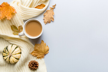 Cup of cocoa with autumn leaves abstract still life top view vith copy space