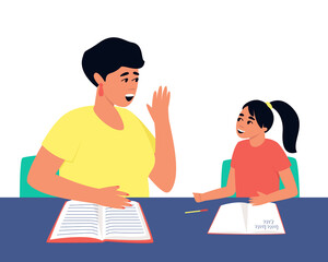 The teacher conducts an individual lesson with the student. To improve her knowledge of the subject, the girl studies with a tutor. Flat vector illustration.