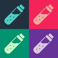 Pop art Bottle with potion icon isolated on color background. Flask with magic potion. Happy Halloween party. Vector