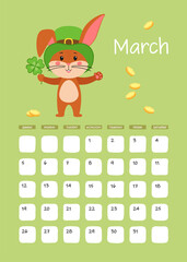 A3 Page of wall calendar for March 2023. Cute brown rabbit or Bunny with four-toothed kever, symbol of year 2023 according to Eastern or Chinese calendar. Vector stock ready-to-print template.