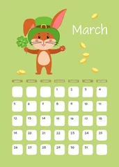 Fotobehang A3 Page of wall calendar for March 2023. Cute brown rabbit or Bunny with four-toothed kever, symbol of year 2023 according to Eastern or Chinese calendar. Vector stock ready-to-print template. © Мария Кутепова