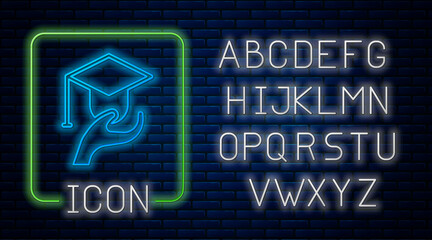 Glowing neon Education grant icon isolated on brick wall background. Tuition fee, financial education, budget fund, scholarship program, graduation hat. Neon light alphabet. Vector