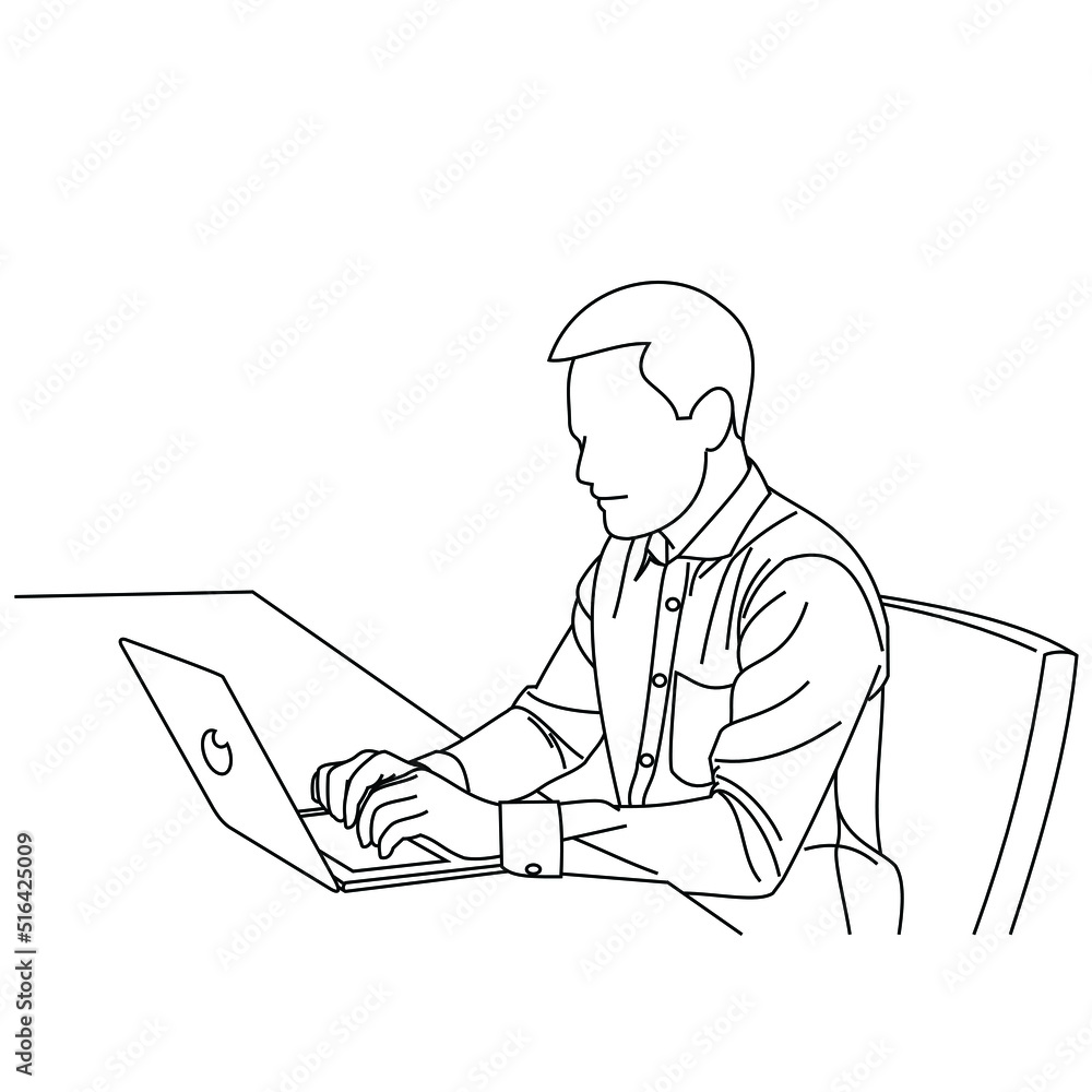Poster diagram of a young man working with a computer sitting at the table