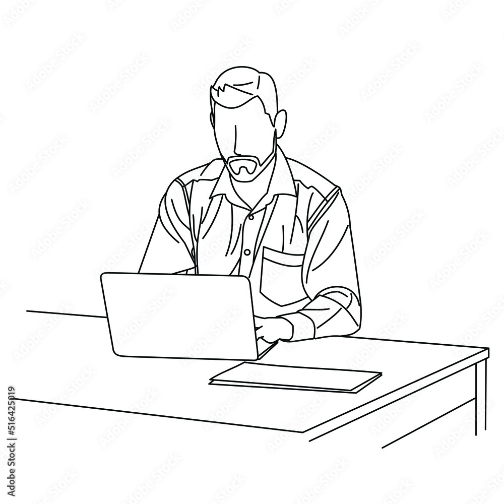 Poster diagram of a young man with a beard working with a computer