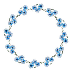 Round watercolor wreath with blue flowers on a white background.