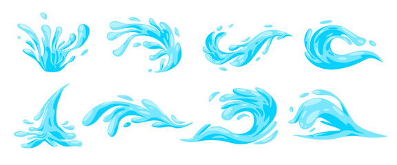 Water wave liquid blue sea splashing ocean marine fresh flow set collection illustration