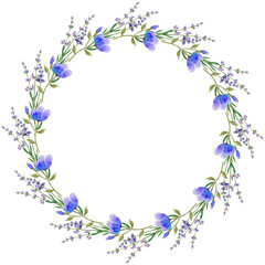 Round watercolor wreath with painted flowers.