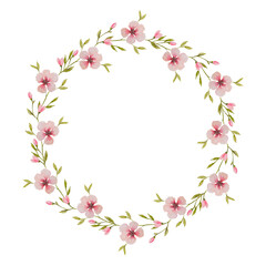 Floral watercolor round frame isolated on white background.