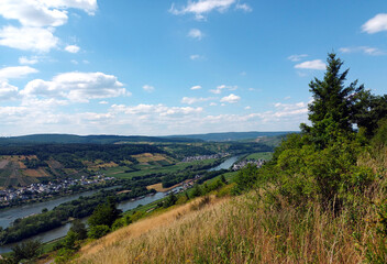 Blick auf die Schleuse Moselstaustufe Detzem im Landkreis Trier-Saarburg. Aussicht vom Fernwanderweg Moselsteig, Etappe von Mehring nach Leiwen.