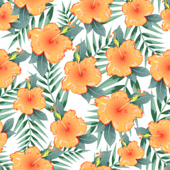Fototapeta na wymiar Tropical floral and leaf seamless pattern for wallpaper and background