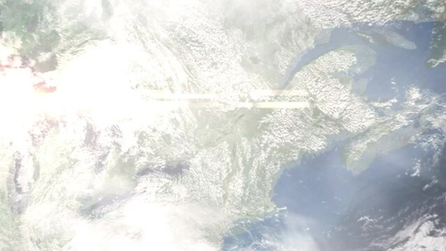 Earth zoom in from outer space to city. Zooming on Saint-Jerome, Quebec, Canada. The animation continues by zoom out through clouds and atmosphere into space. Images from NASA