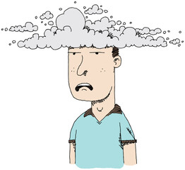An unhappy cartoon man who is suffering from a cloud of brain fog around his head.
