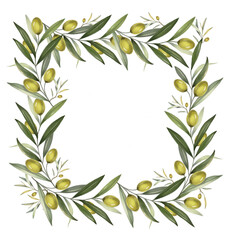 Square frame of olive branches and fruits. For packing olive oil or cosmetics