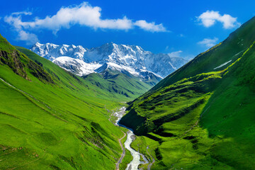 Green pasture and Patara enguri river against highest georgian mountain Shkhara near Ushguli in Georgia. © tawatchai1990