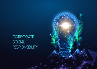 Concept of corporate social responsibility with lightbulb and sprouts in futuristic glowing style