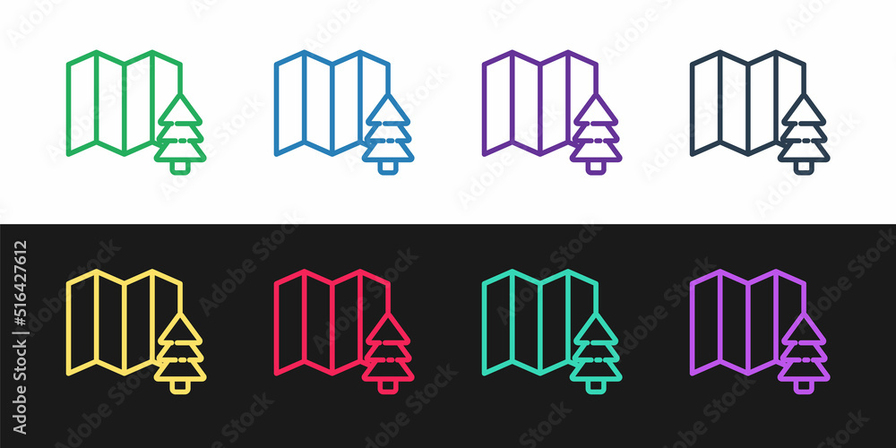 Aufkleber set line location of the forest on a map icon isolated on black and white background. vector illustr
