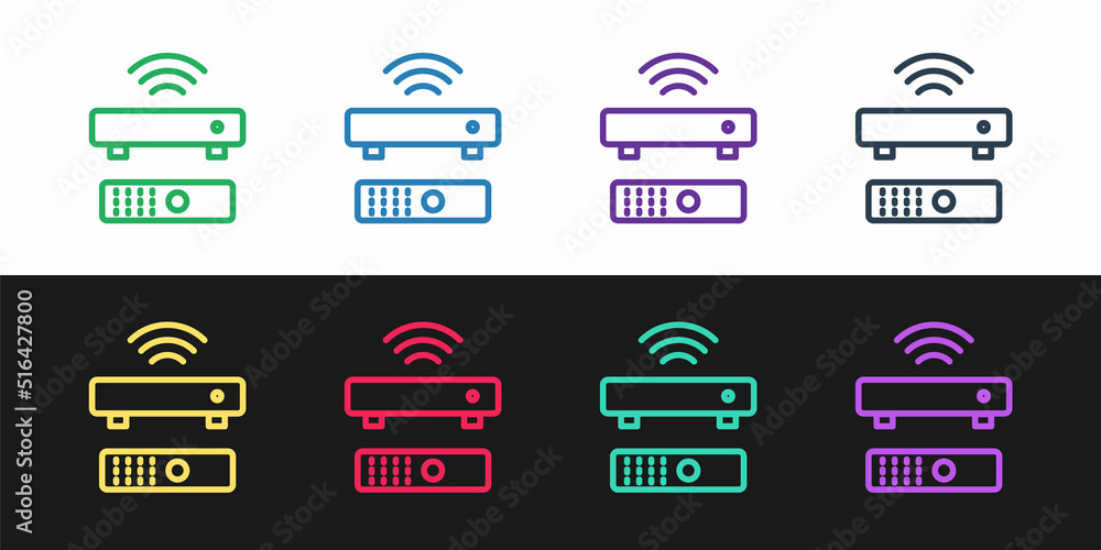 Poster set line wireless multimedia and tv box receiver and player with remote controller icon isolated on 