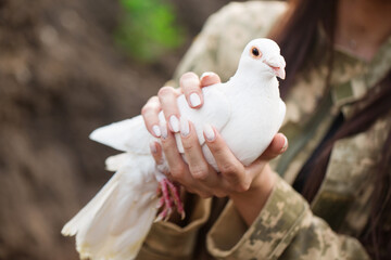 a white dove of peace in the hands of the defender of Ukraine