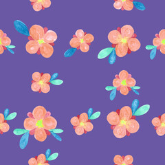 Fototapeta na wymiar Hand painted watercolor small orange flowers as seamless pattern on purple background. Floral element for web design and print