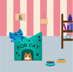 Illustration of a room with a cat, paintings, a bookshelf, a cat house and cat bowls