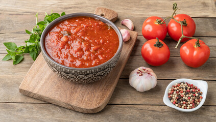 Tomato sauce, tomatoes, garlic, olive oil and herbs over wood table