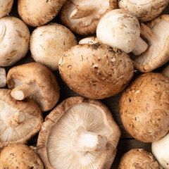 Shitake, portobello and paris mushrooms over wooden table