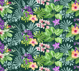 Seamless pattern with Orchids, Hibiscus flowers, Tillandsia,palm leaves. Tropical plants, leaves and flowers. Easy to use for backdrop, textile, wrapping paper