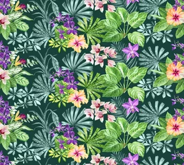Foto auf Acrylglas Seamless pattern with Orchids, Hibiscus flowers, Tillandsia,palm leaves. Tropical plants, leaves and flowers. Easy to use for backdrop, textile, wrapping paper © Olga